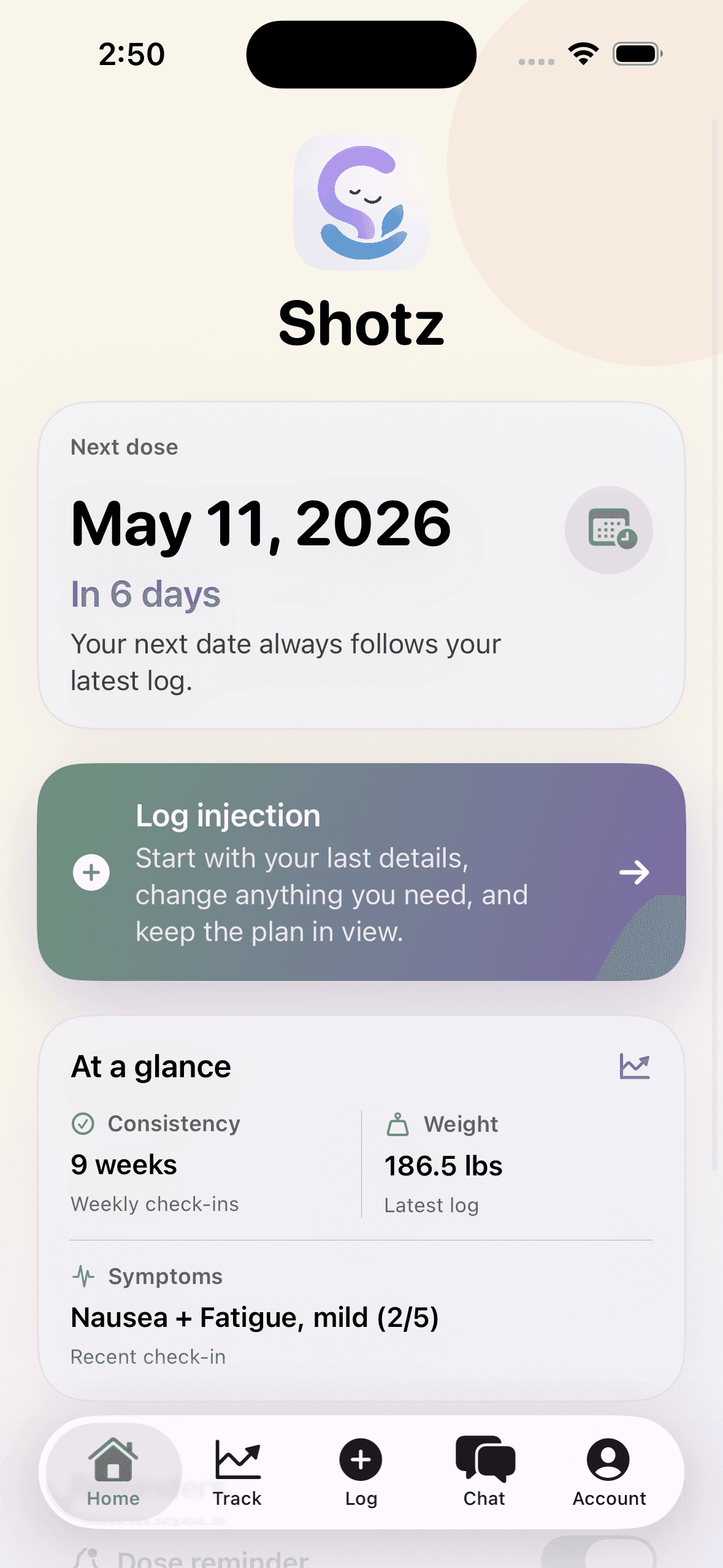Shotz home screen showing next dose timing, consistency, weight, and symptom summary.