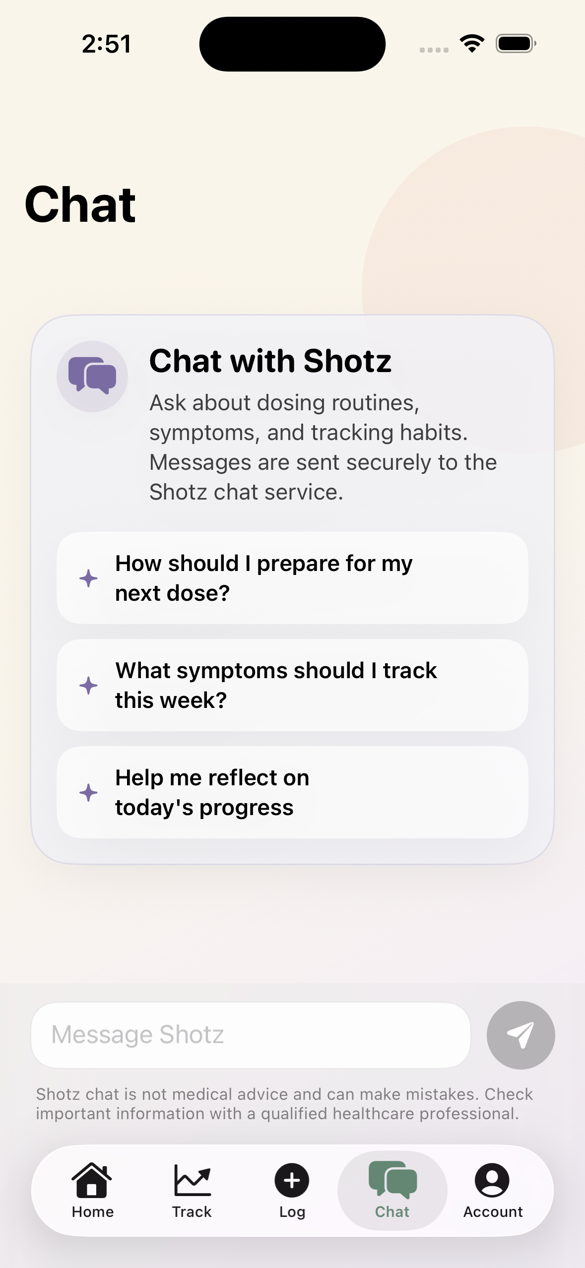 Shotz chat screen with starter prompts for routine reflection.